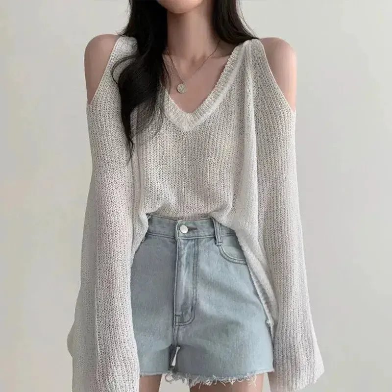 Loose Knit Sweater with Cut-Out Shoulders and V-Neckline