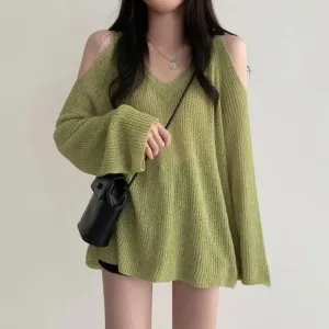 Loose Knit Sweater with Cut-Out Shoulders and V-Neckline