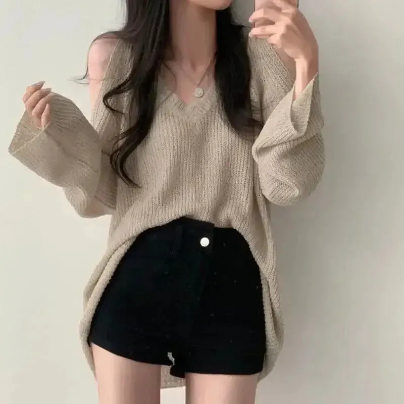 Loose Knit Sweater with Cut-Out Shoulders and V-Neckline