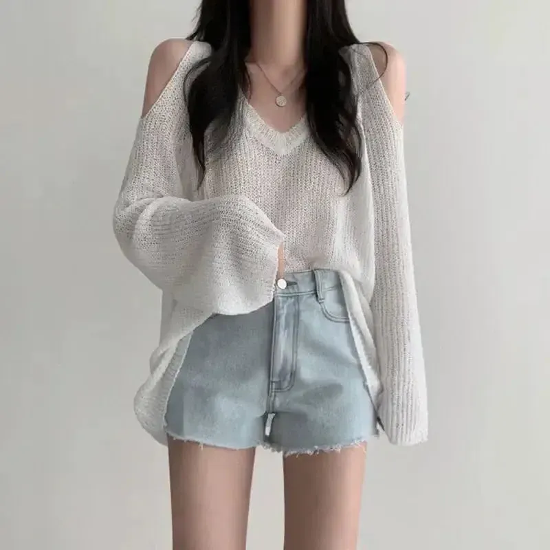 Loose Knit Sweater with Cut-Out Shoulders and V-Neckline