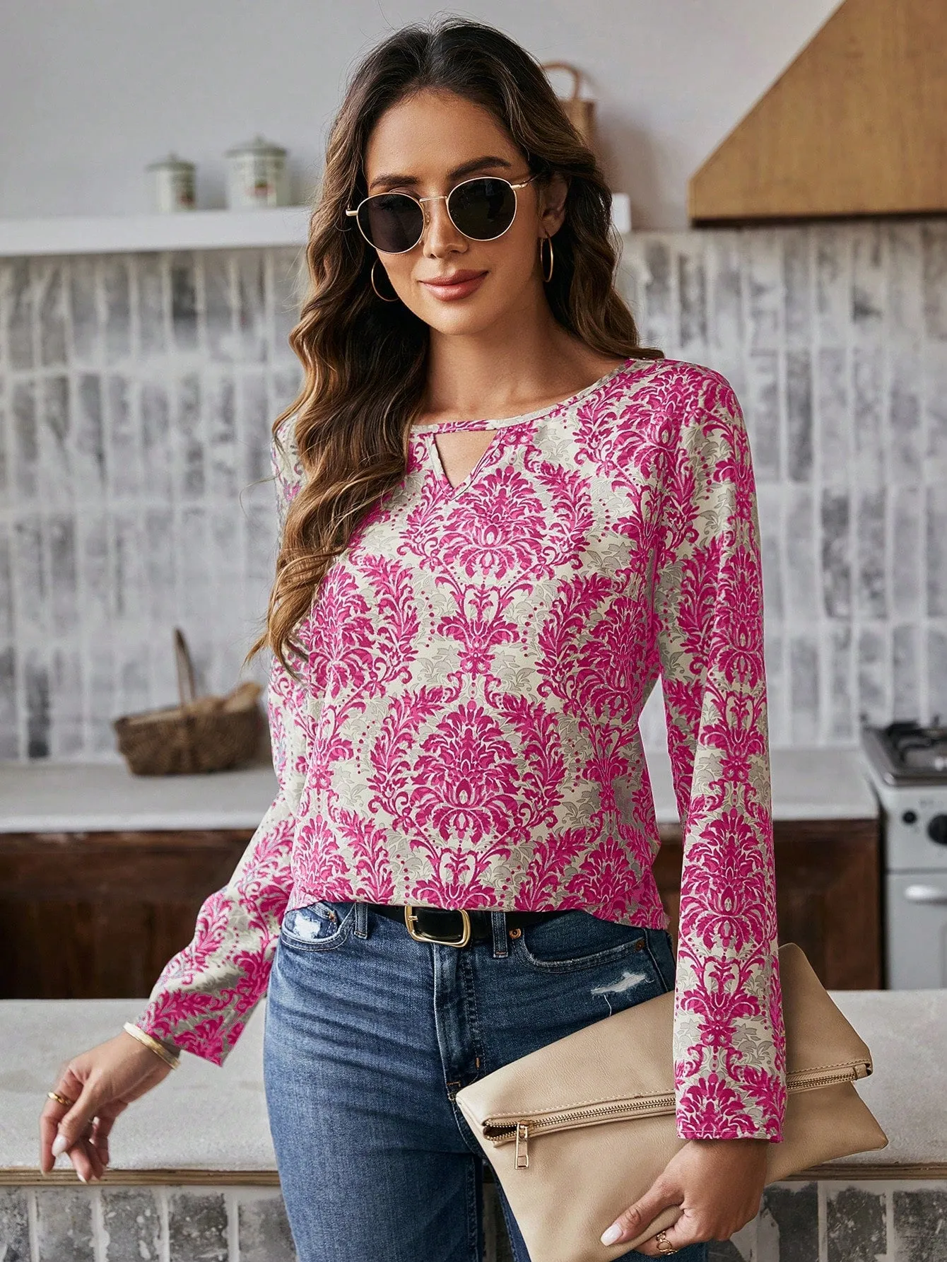 LUNE Women'S Floral Print Shirt With Openwork Collar