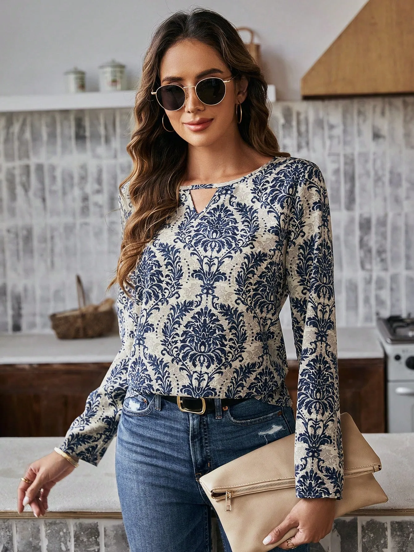 LUNE Women'S Floral Print Shirt With Openwork Collar