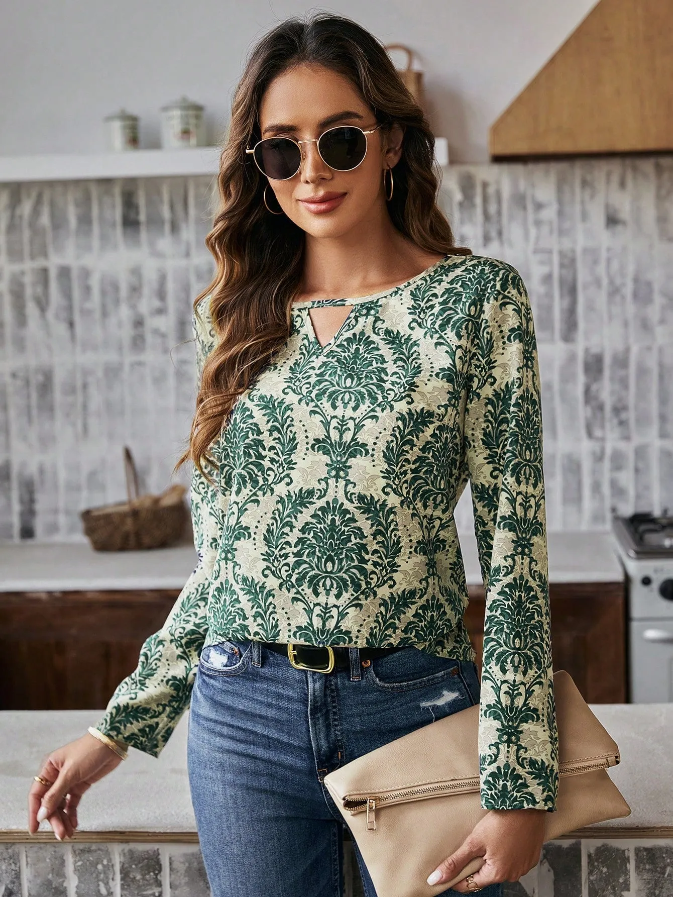 LUNE Women'S Floral Print Shirt With Openwork Collar