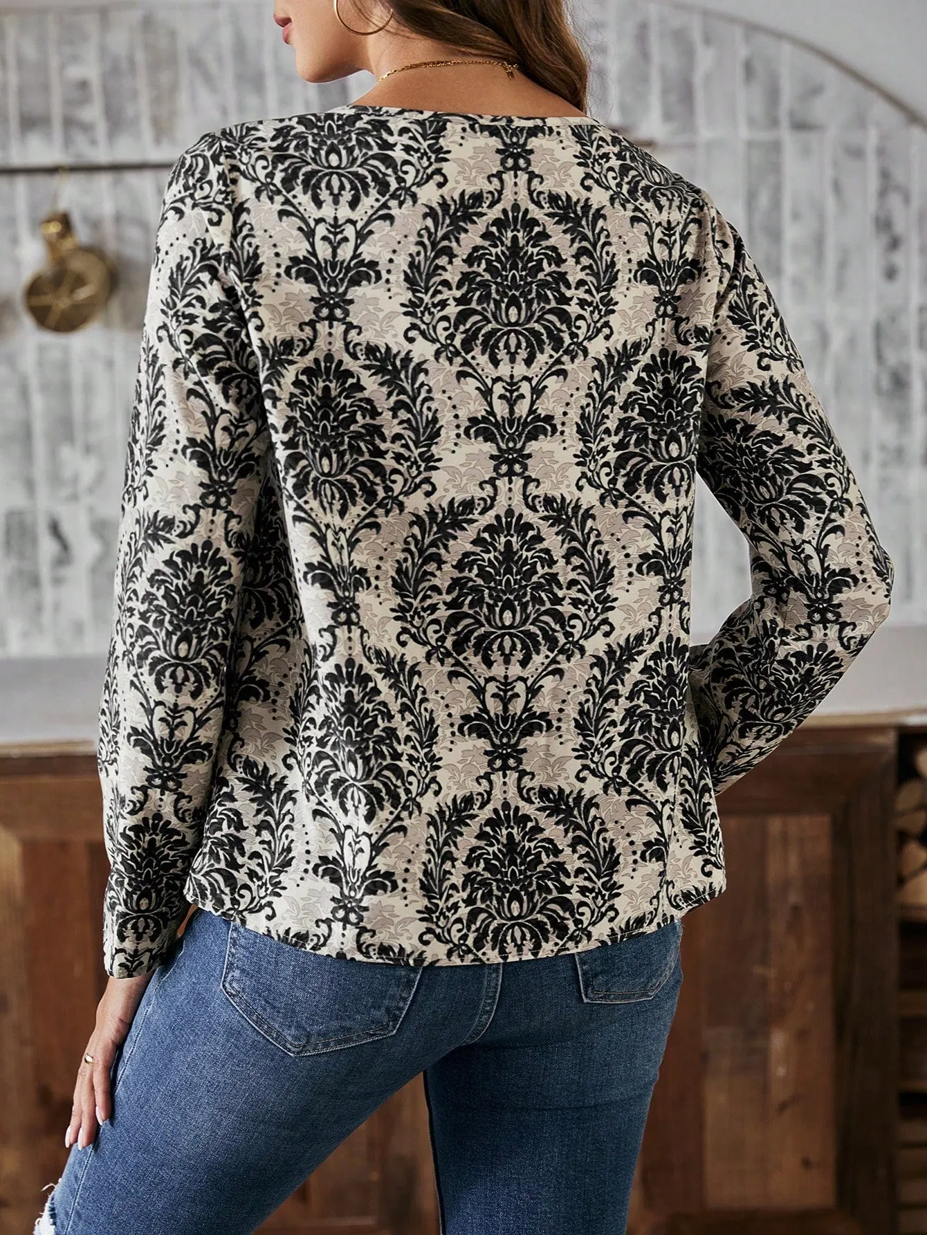 LUNE Women'S Floral Print Shirt With Openwork Collar