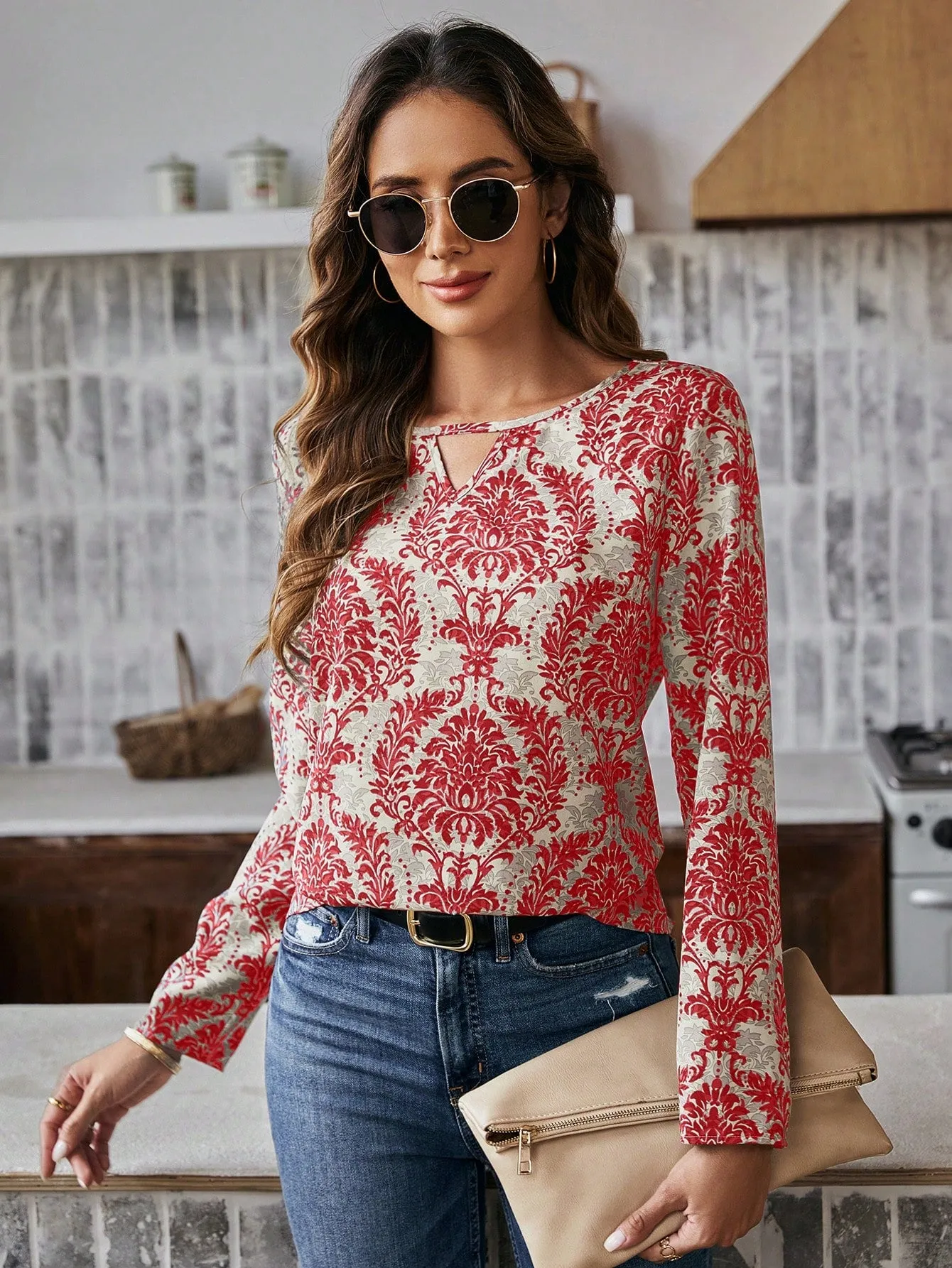 LUNE Women'S Floral Print Shirt With Openwork Collar