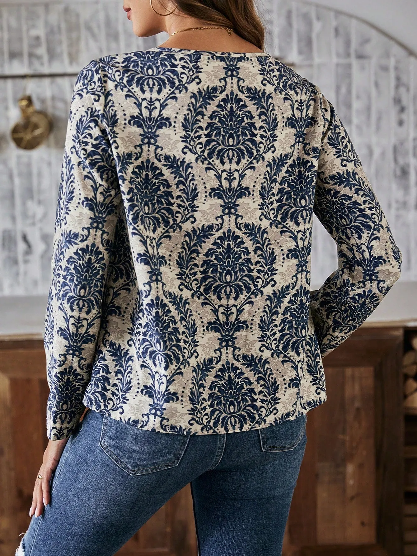 LUNE Women'S Floral Print Shirt With Openwork Collar
