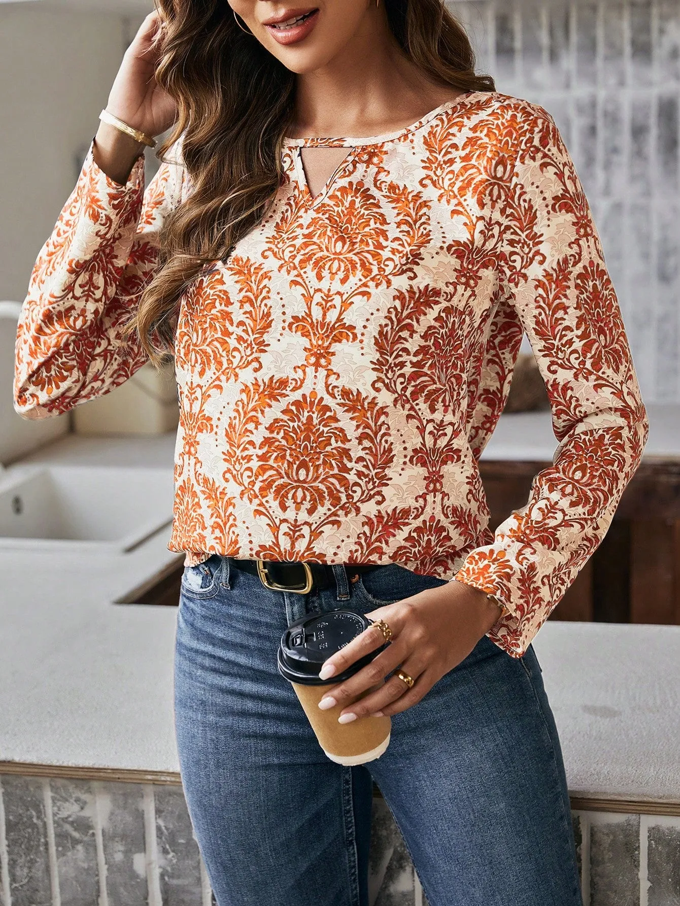 LUNE Women'S Floral Print Shirt With Openwork Collar