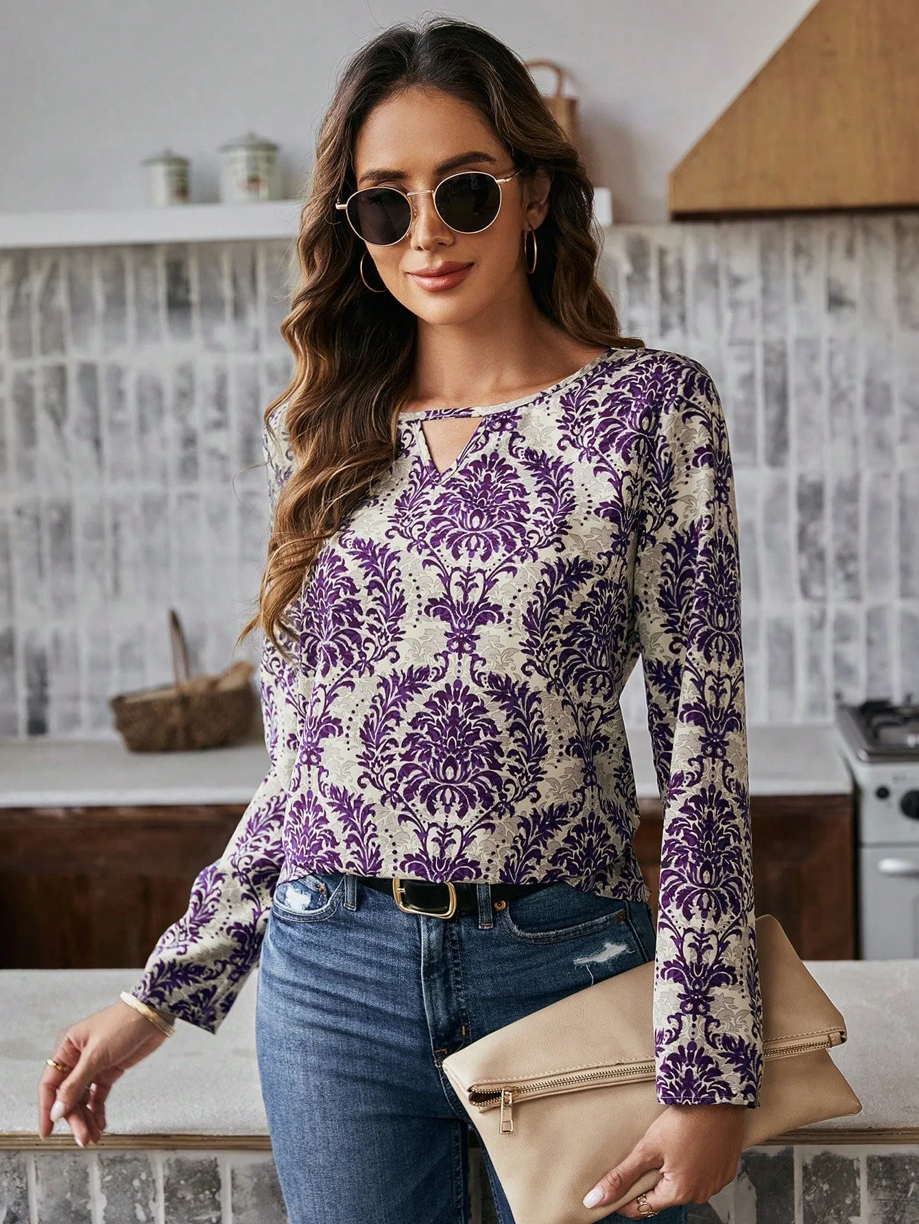 LUNE Women'S Floral Print Shirt With Openwork Collar