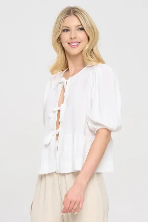 Made in USA Linen Puff Sleeve Top w Front Bow