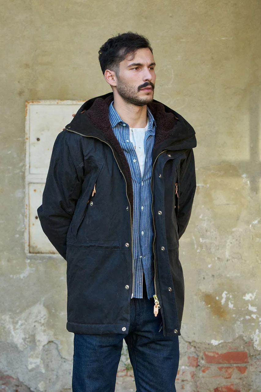 Manifattura Ceccarelli Waxed Long Mountain Jacket Wool Teddy Fur Chocolate