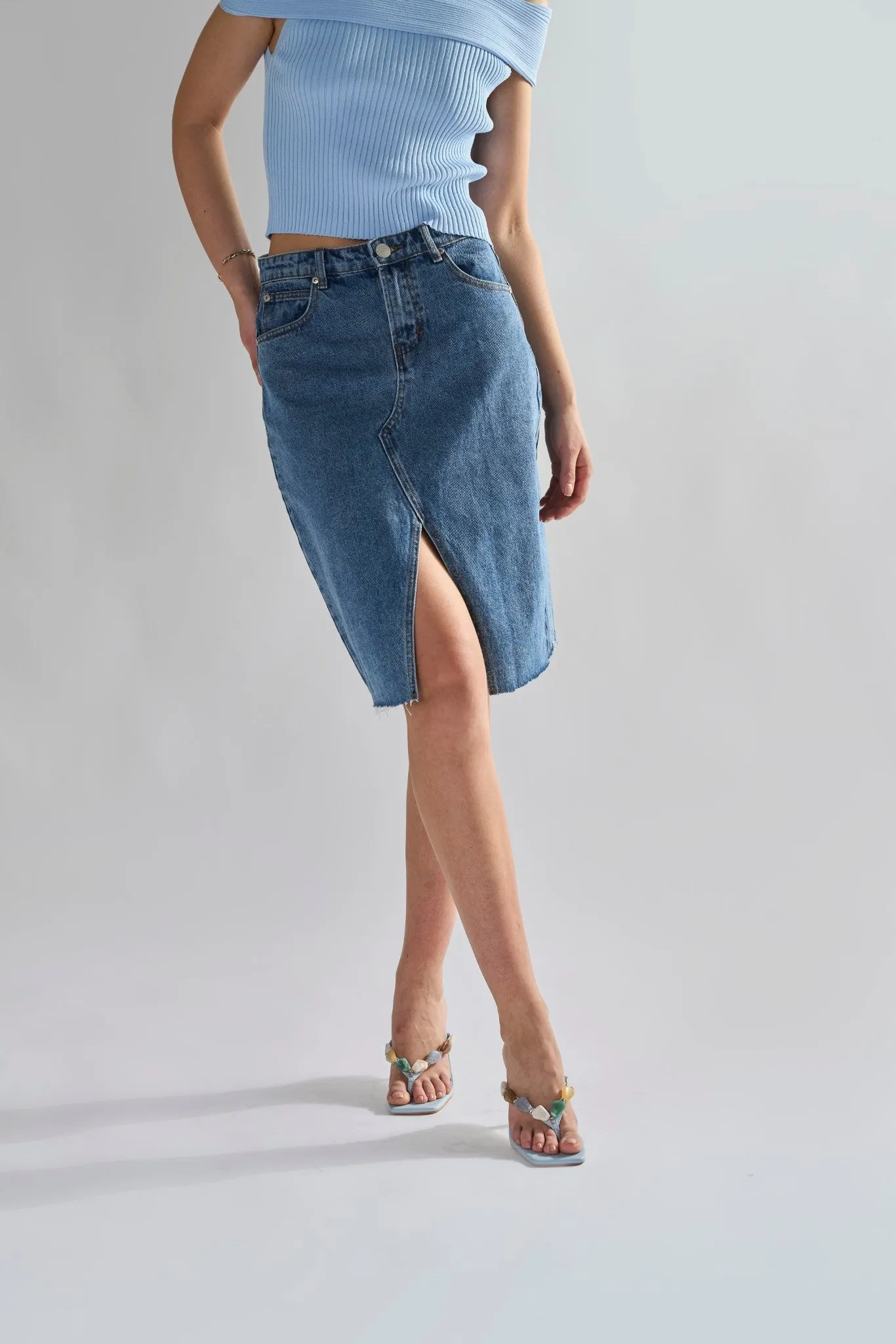 Mid Stone Split High Waisted Midi Skirt