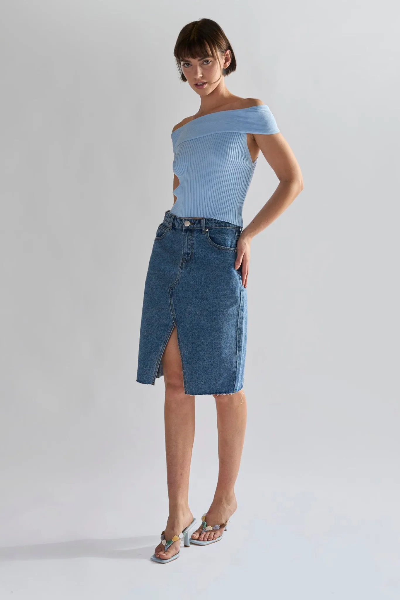Mid Stone Split High Waisted Midi Skirt