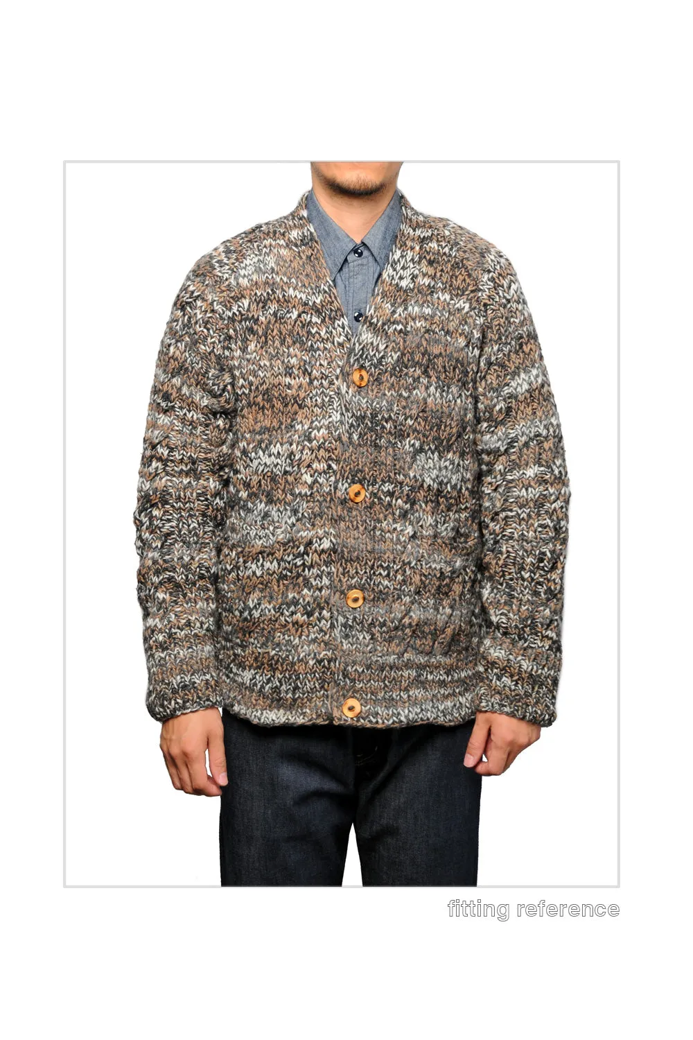 Mix Fisherman V Neck Cardigan - Dk Beige Mix