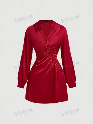 MOD Women's Wine-Red Solid Color Pleated Wrap Dress With Slanted Placket
