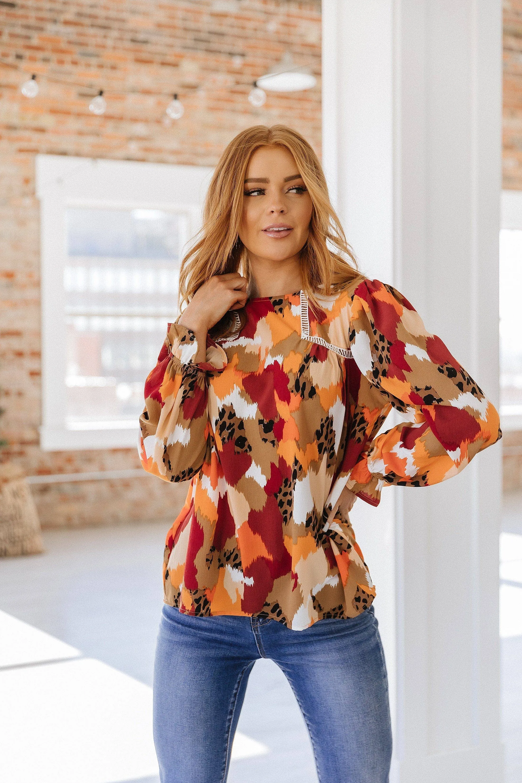 Multicolor Puff Sleeve Blouse Red Liam