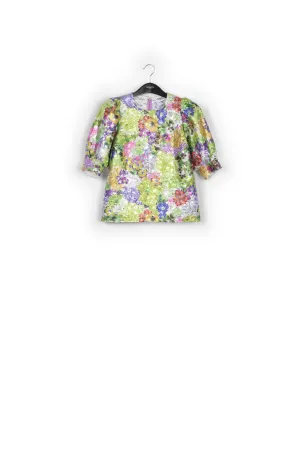 Multicolored floral-print puff sleeve top