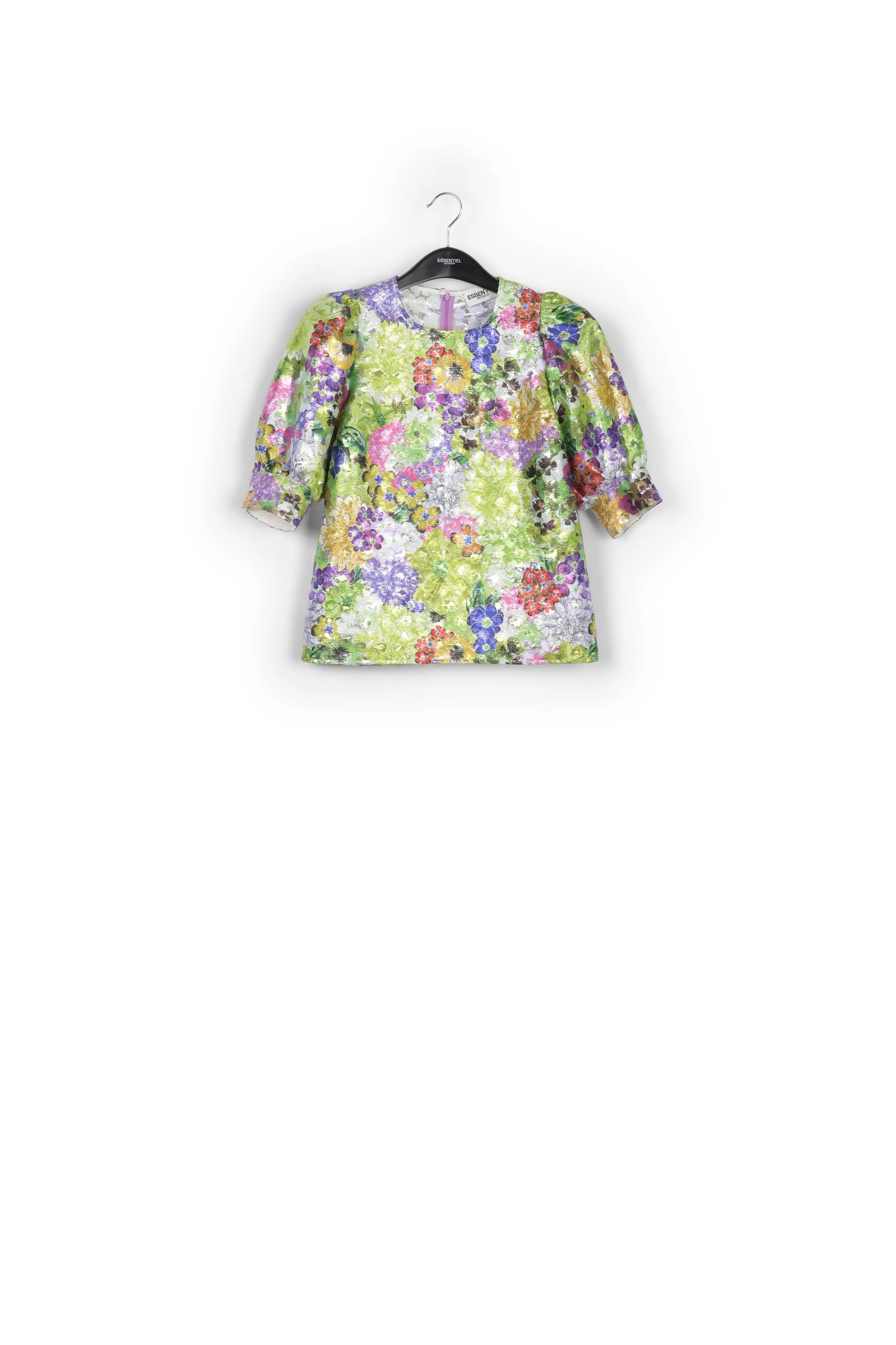 Multicolored floral-print puff sleeve top