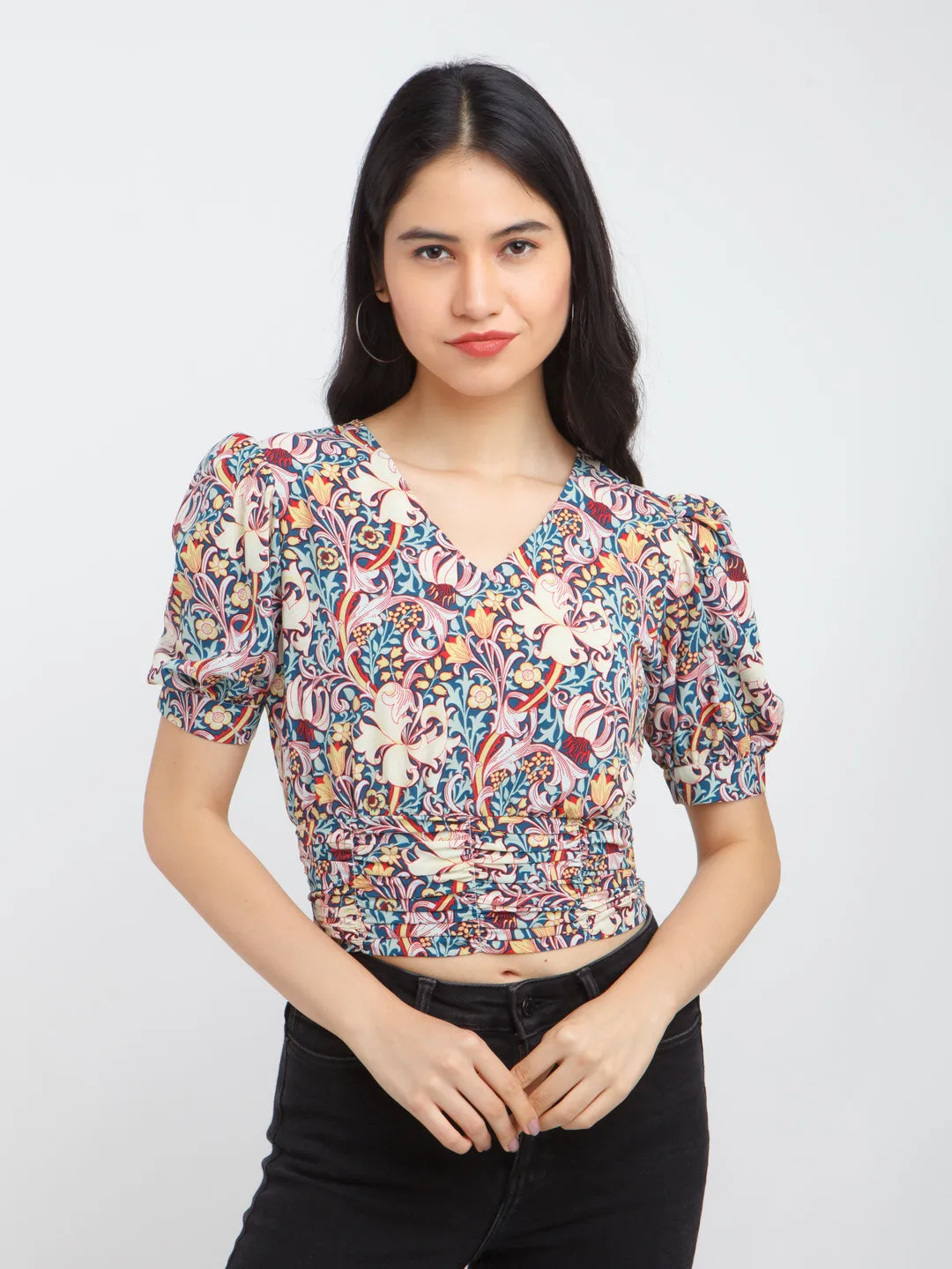 Multicolored Printed Puff Sleeve Top