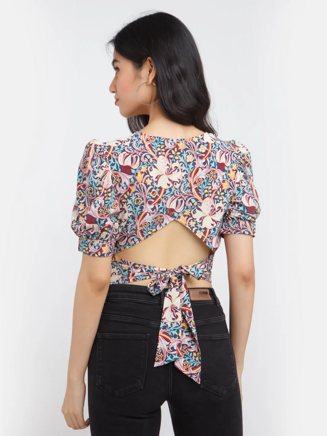 Multicolored Printed Puff Sleeve Top