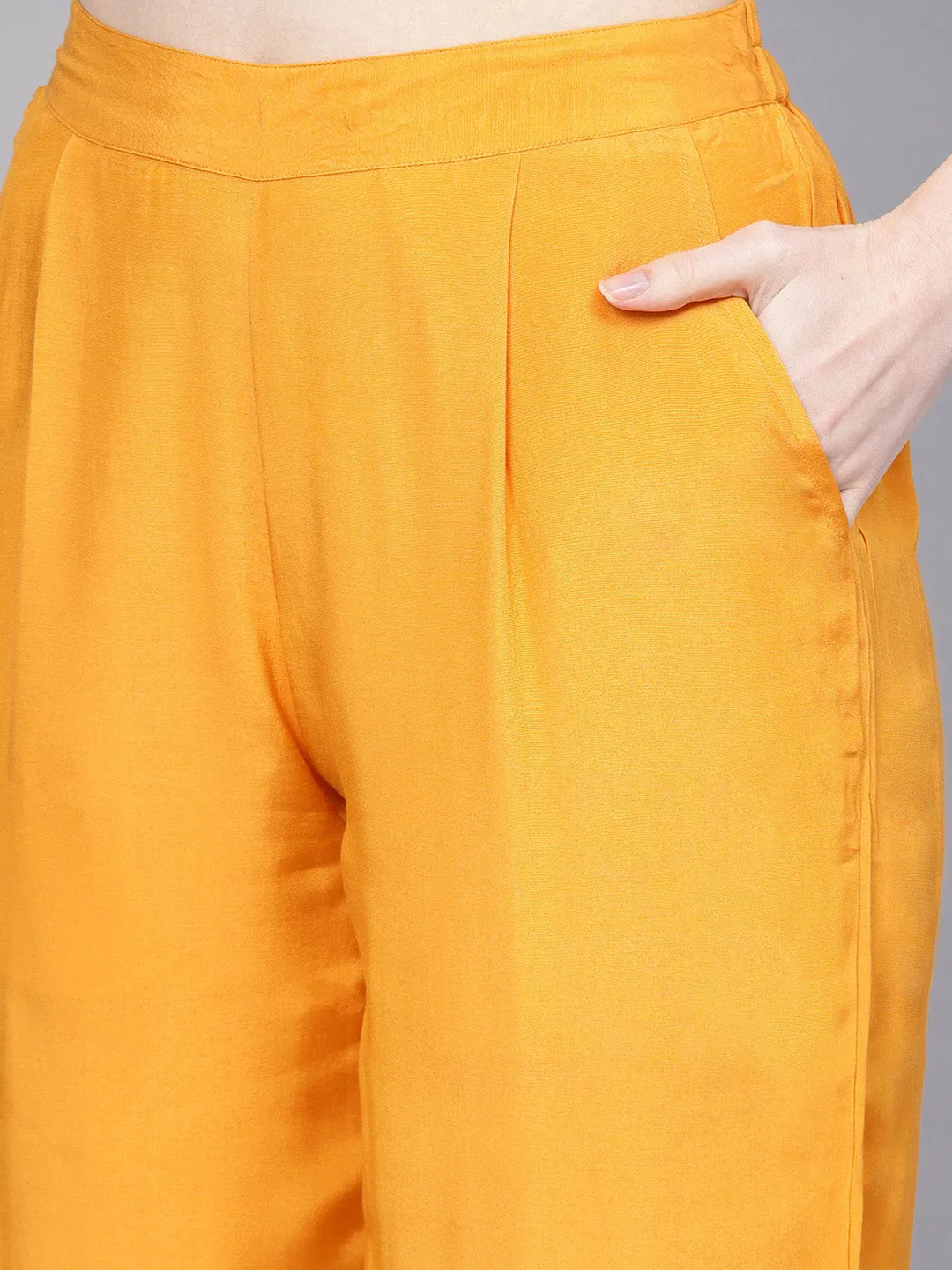 Mustard & Grey Yoke Design Kurta With Palazzos & Net Dupatta