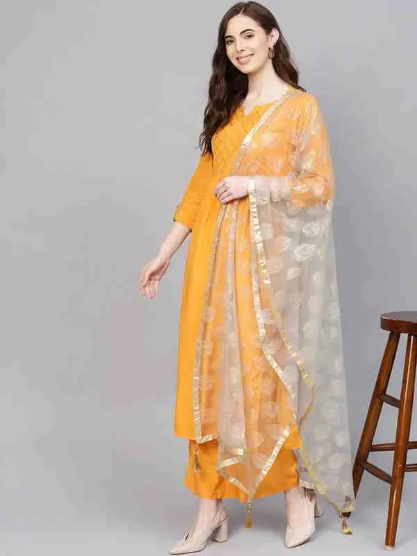Mustard & Grey Yoke Design Kurta With Palazzos & Net Dupatta