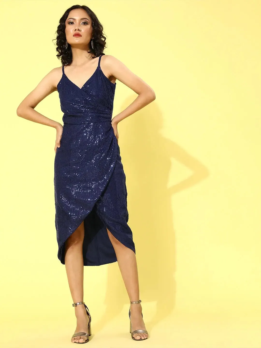 Navy Sequin Strappy Wrap Dress
