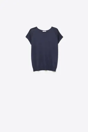Navy Short Sleeve Sweater with knitted mesh on the shoulder