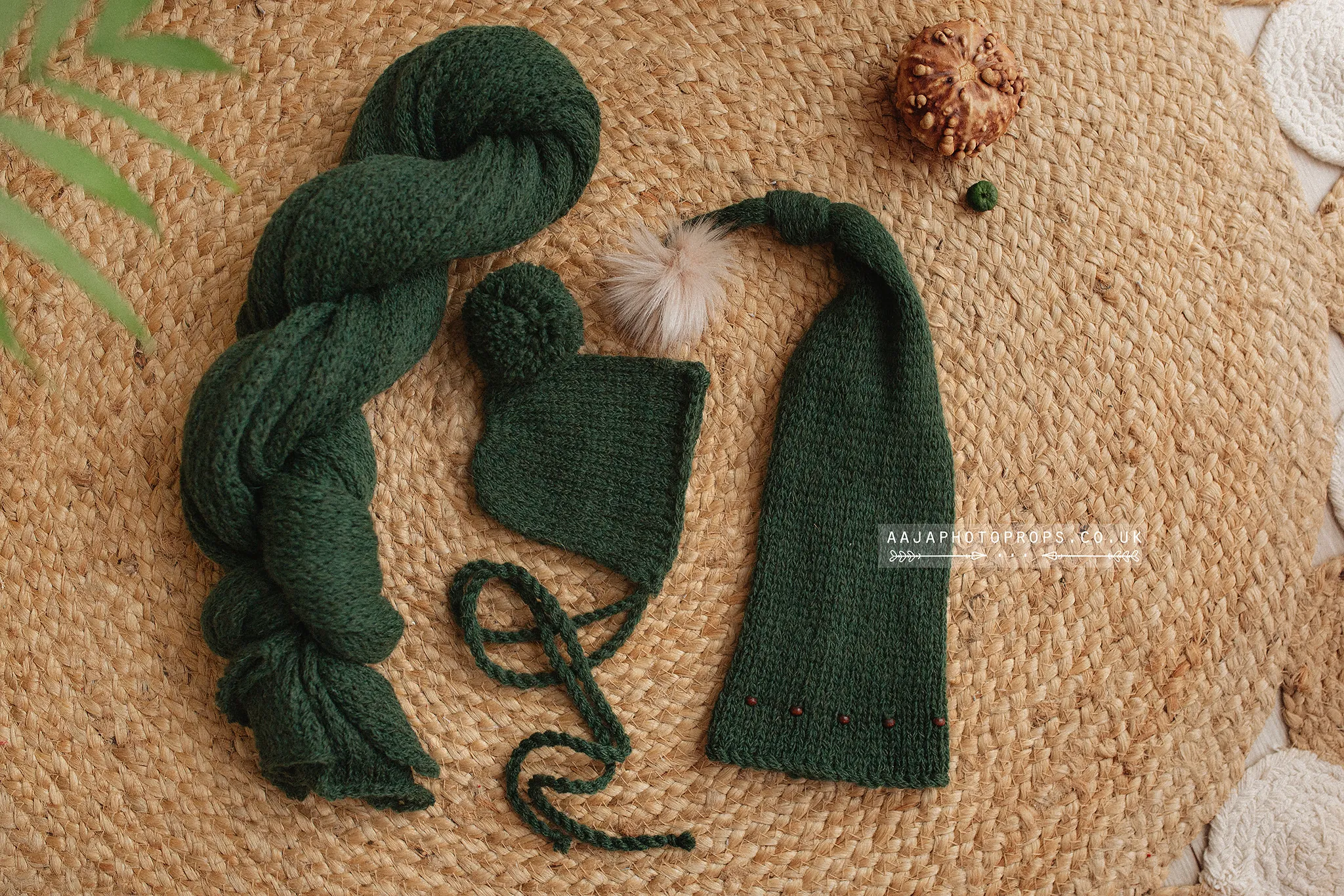 Newborn baby knitted Long wrap, hat, bonnet set, dark green, Made to order