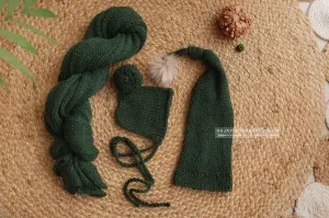 Newborn baby knitted Long wrap, hat, bonnet set, dark green, Made to order