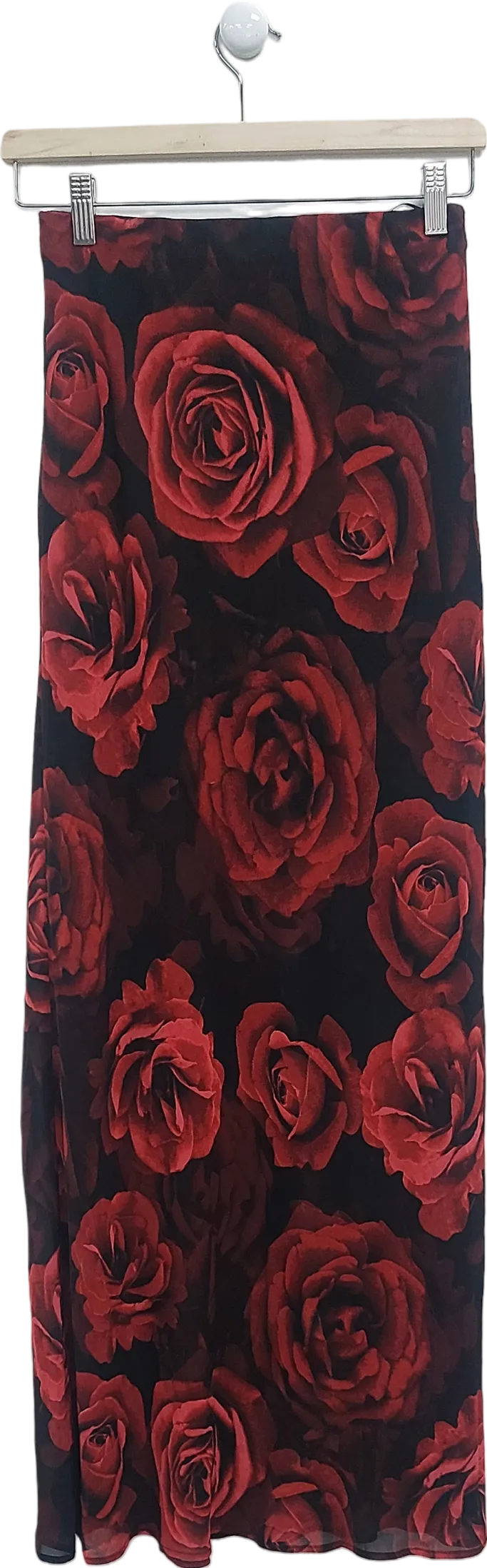 No Label Needed Red Rose Floral Chiffon Maxi Skirt UK 8