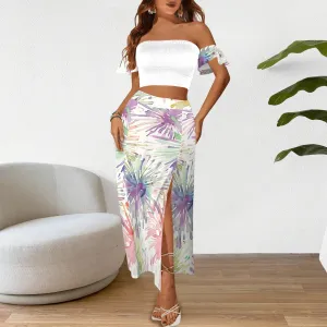 off shoulder smocked crop top and high waist maxi skirt