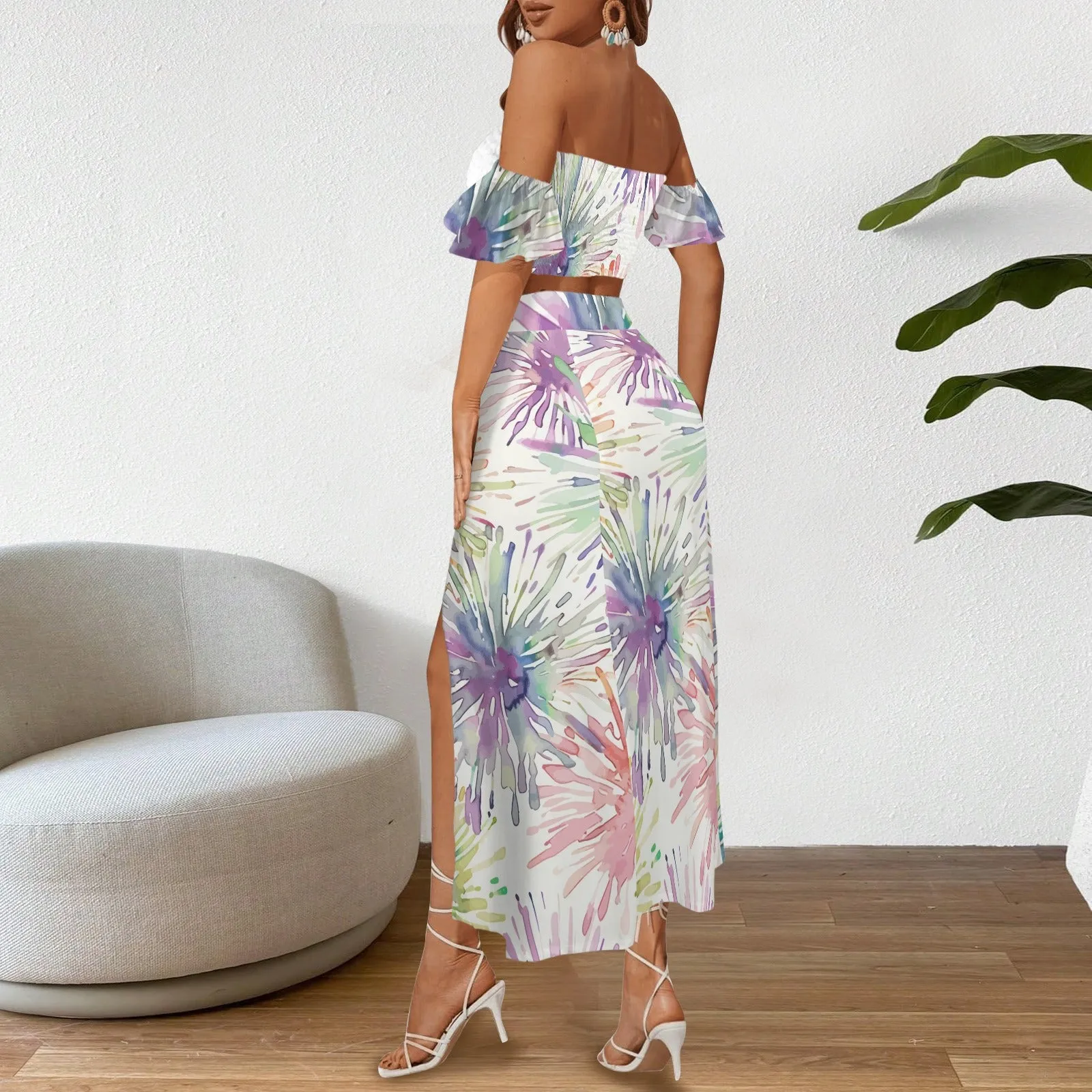 off shoulder smocked crop top and high waist maxi skirt