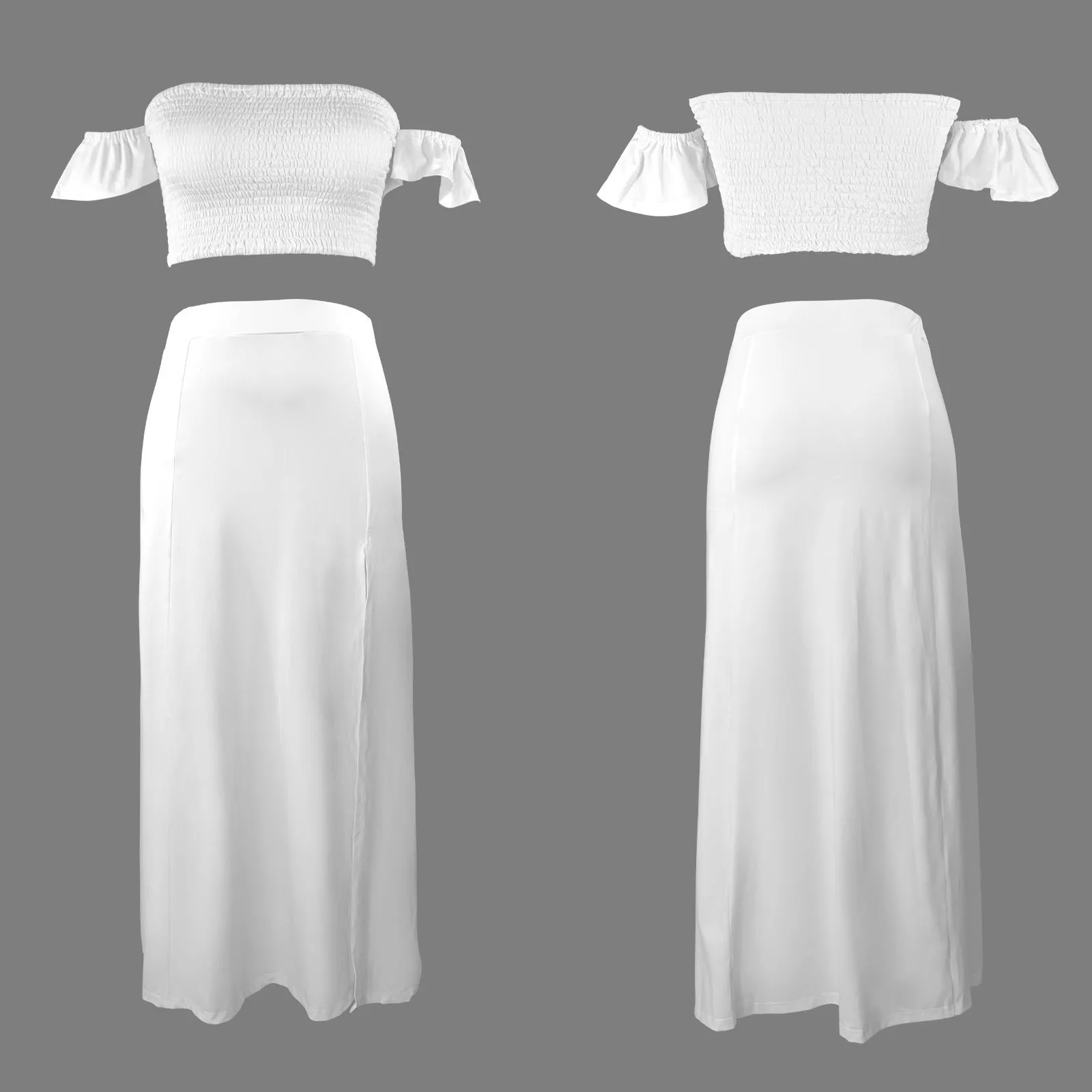 off shoulder smocked crop top and high waist maxi skirt