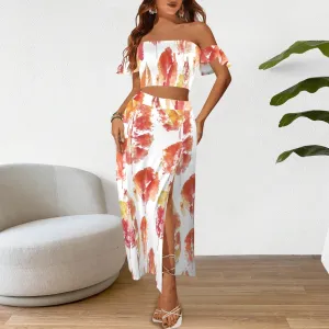 off shoulder smocked crop top and high waist maxi skirt