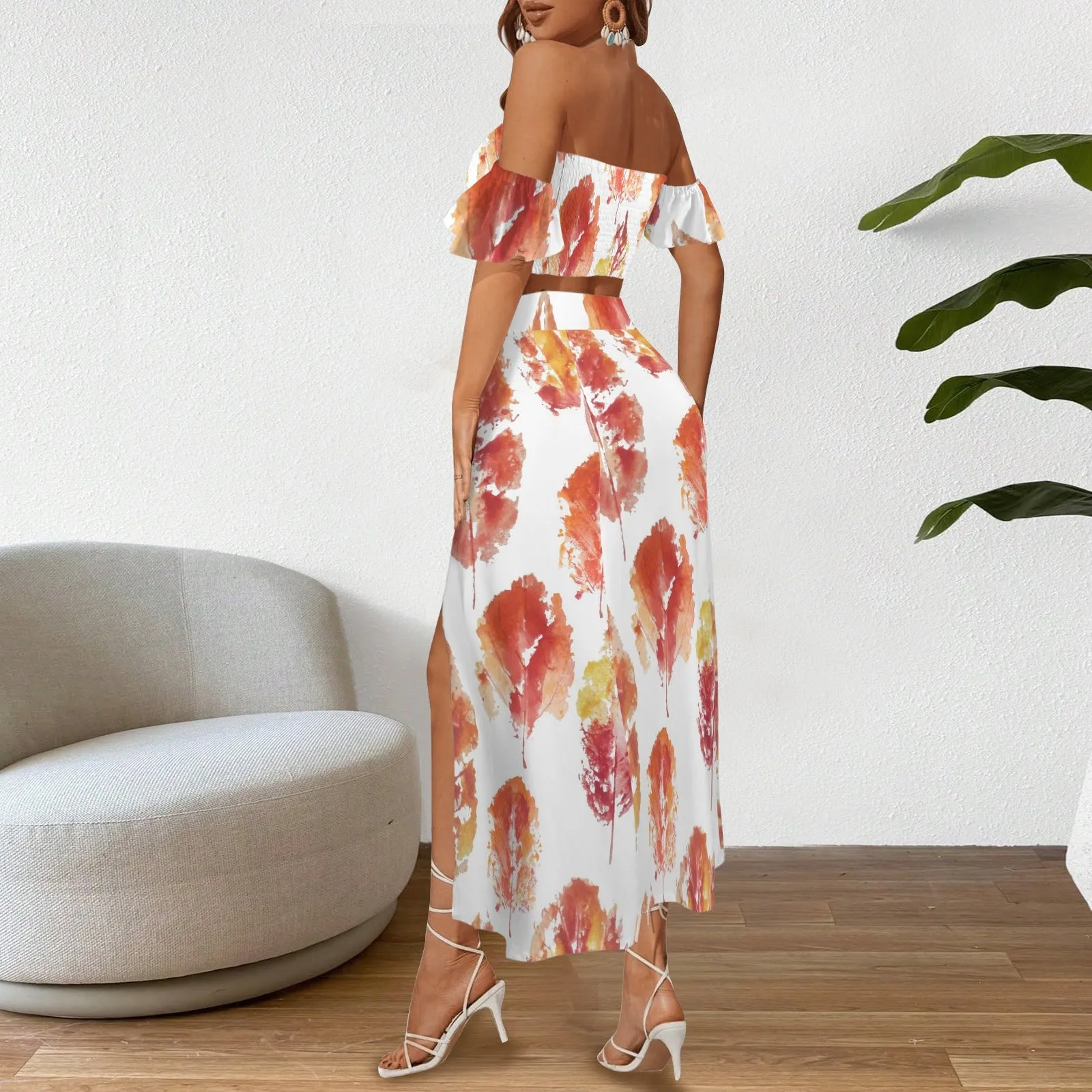 off shoulder smocked crop top and high waist maxi skirt