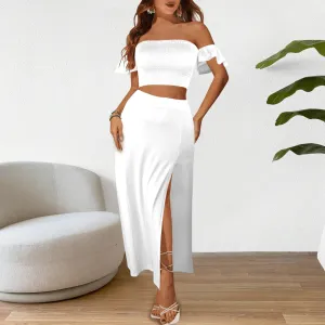 off shoulder smocked crop top and high waist maxi skirt
