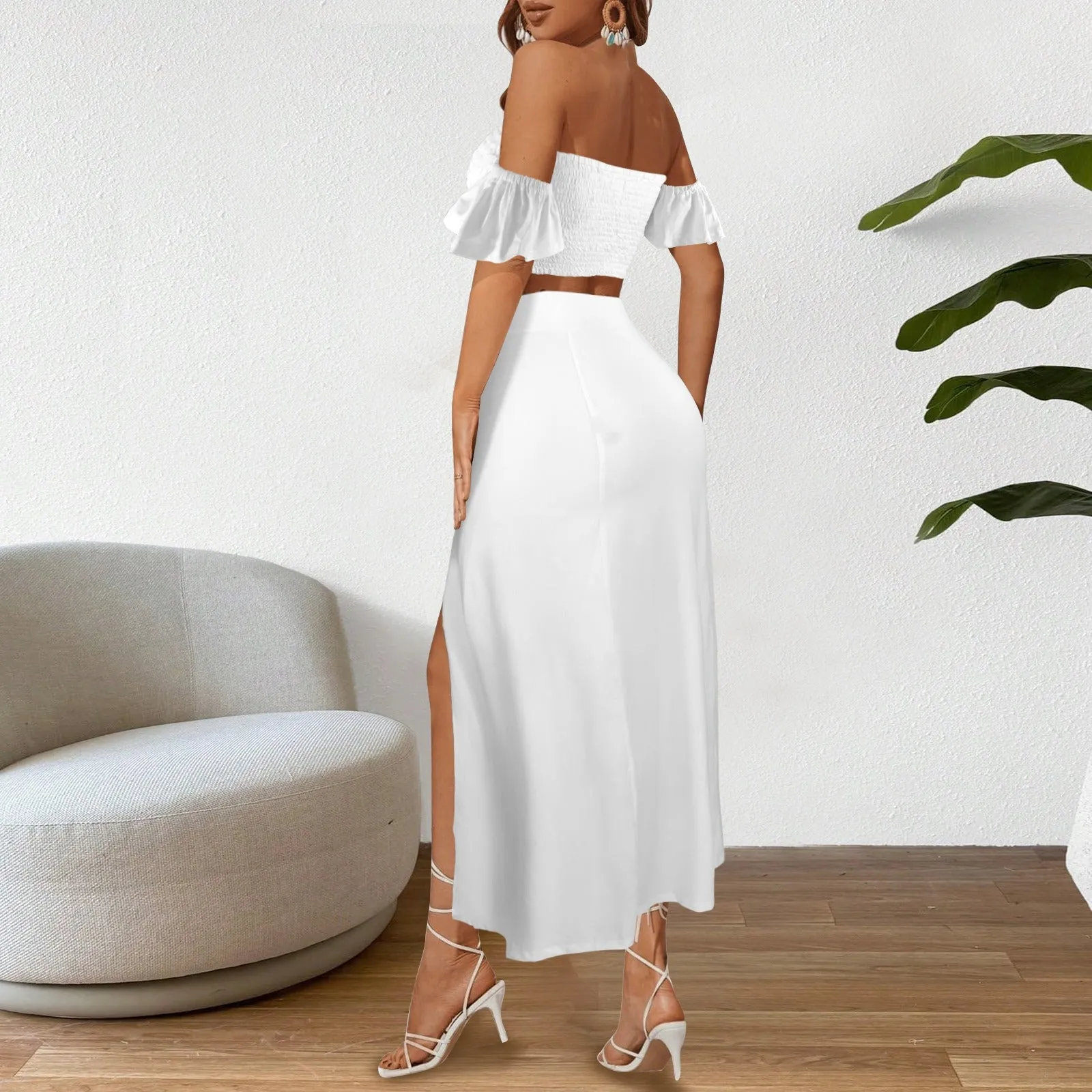 off shoulder smocked crop top and high waist maxi skirt