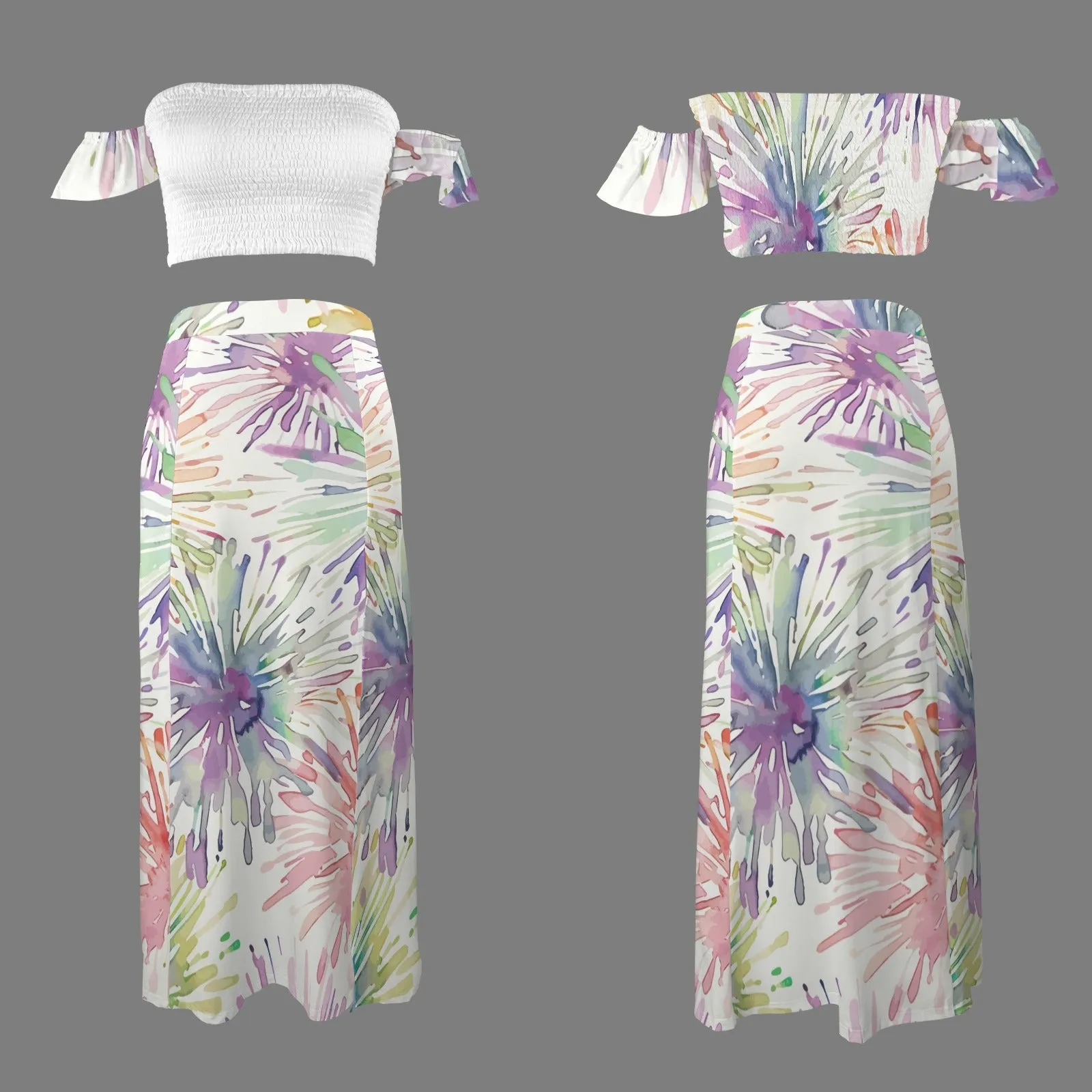 off shoulder smocked crop top and high waist maxi skirt