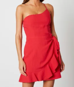 One Shoulder Faux Wrap Ruffle Hem Dress