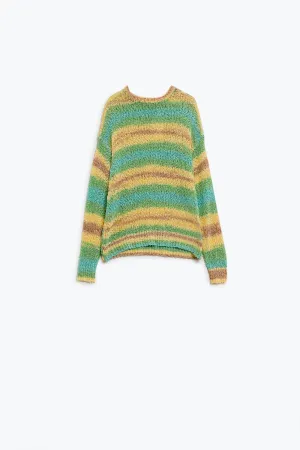 Open Knit Stripey Crew Neck Sweater in Shades of Yellow and Green