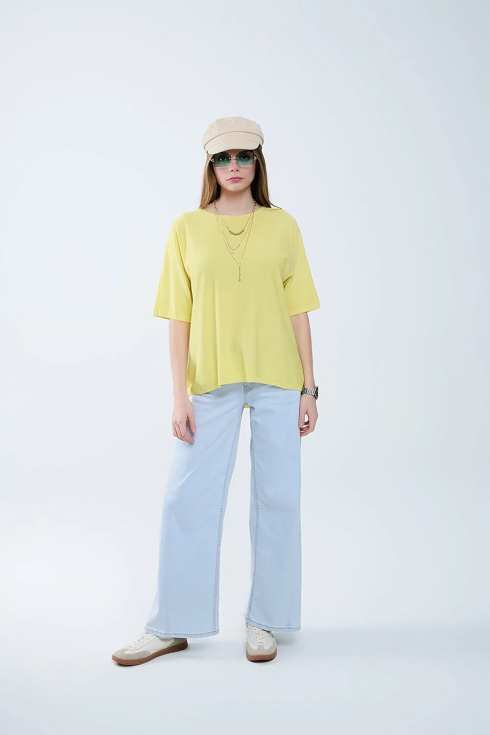Oversized Yellow Sweater with Elbow-Length Sleeves