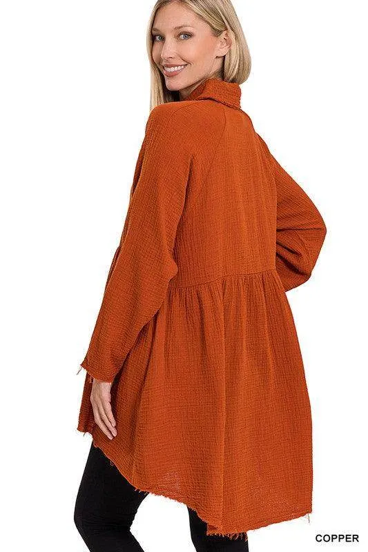 Peplum Raw Edge Shirt with Pockets