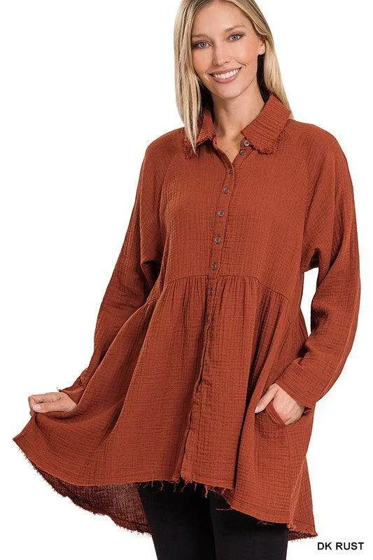 Peplum Raw Edge Shirt with Pockets