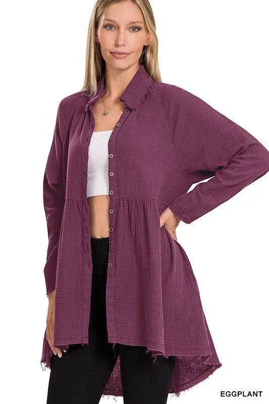 Peplum Raw Edge Shirt with Pockets