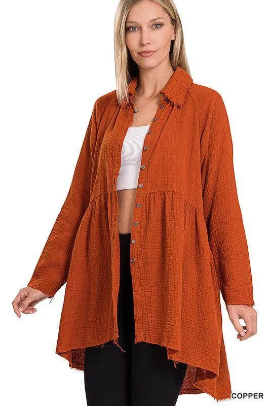 Peplum Raw Edge Shirt with Pockets