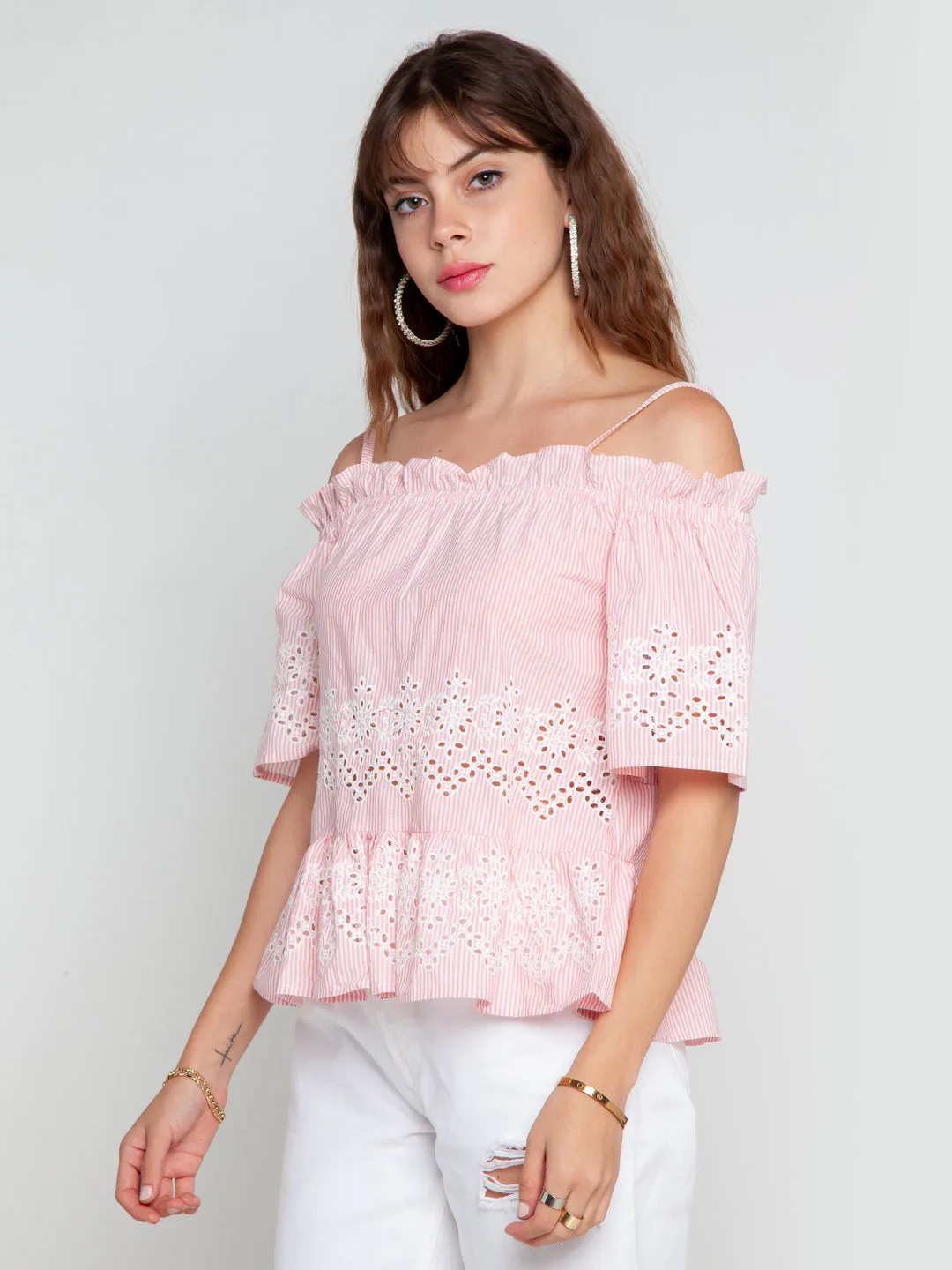 Pink Embroidered Bardot Top