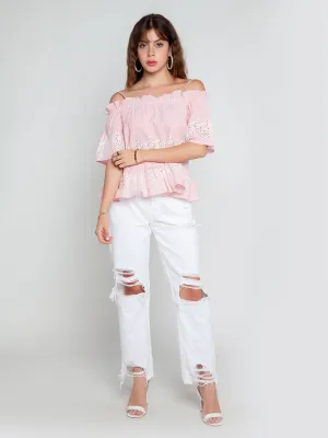 Pink Embroidered Bardot Top