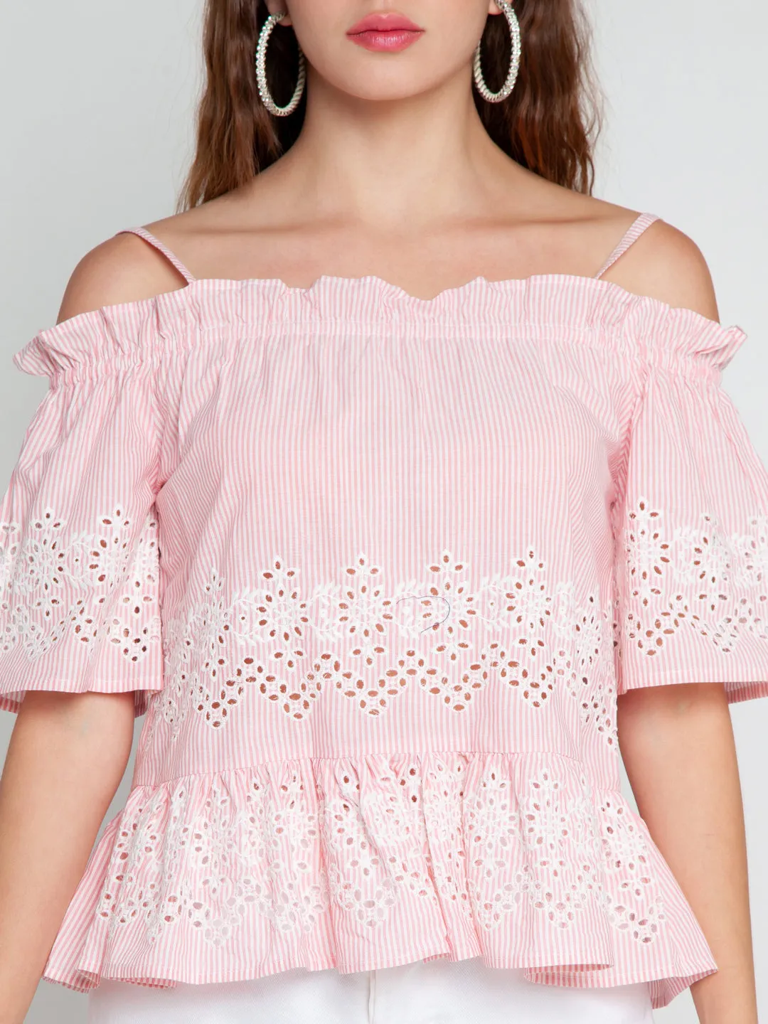 Pink Embroidered Bardot Top