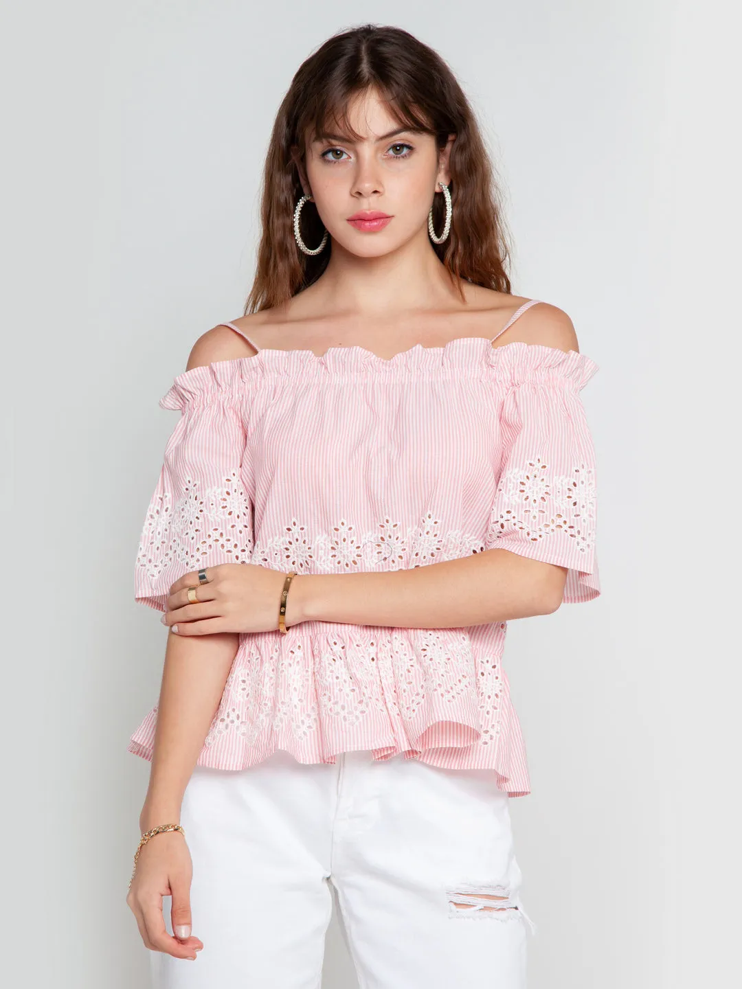 Pink Embroidered Bardot Top