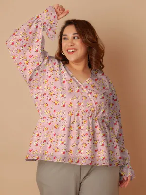 Pink Floral Print Peplum Top